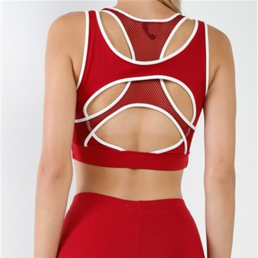 Red Combined Sheer Net Mesh  Overlapping Racer Back Sports Bra Crop